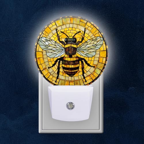 Image of Round LED Night Lights Lamp with Dusk to Dawn Sensor, 3D Circular Stained Glass with Bumblebee Night Light Plug Into Wall for Kids Room, Bedroom, Bathroom, Kitchen, Hallway