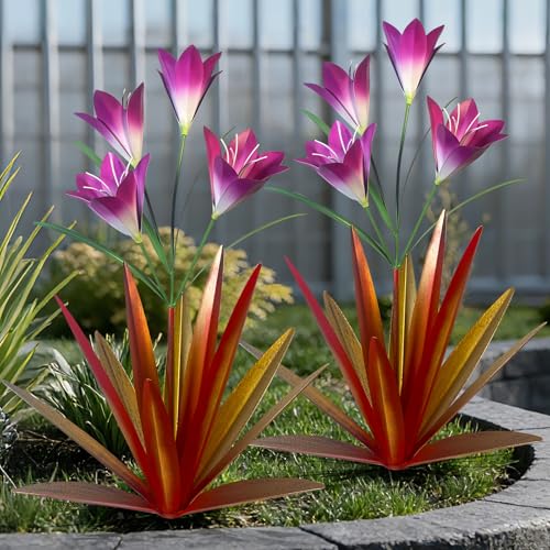 Image of TOMBABY 32.28 Inch Metal Agave Plant Outdoor Decoration Lily Mexican Yard Art Garden Gift Home Decor Hand Painted Metal Agave Garden Yard Statue (2pc, Red)