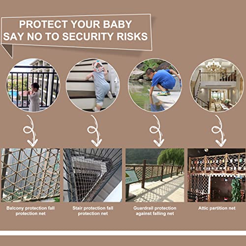 Image of Safety Hemp Rope Net Kids Climbing Safety Net Children Rope Neting Balcony Stairs Fence Railing Garden Playground Protection Heavy Duty Indoor Outdoor Decor 10mm /10cm 6.6x26.6ft(2x8m)