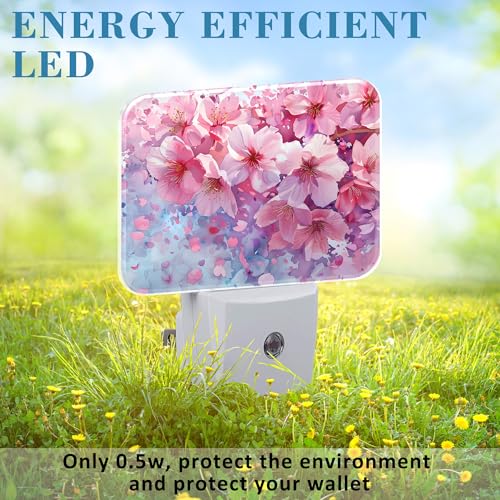 Image of Watercolor Cherry Blossom Night Light Cherry Blossom Nightlight Plug into Wall with Dusk to Dawn Sensor for Kid Girls Boys Women Men Room, Hallway, Kitchen, Bathroom, Stairs Decor
