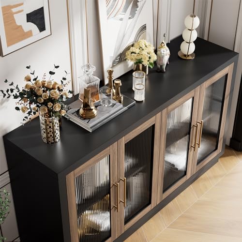 Fotosok FTSPB294US-BR Buffet Cabinet With Storage, 55.1 Inch Large Sideboard Buffet Cabinet, Modern Sideboard Kitchen Cabinet With 4 Fluted Glass Doors, Wood Coffee Bar Cabinet Buffet Table thumb #7