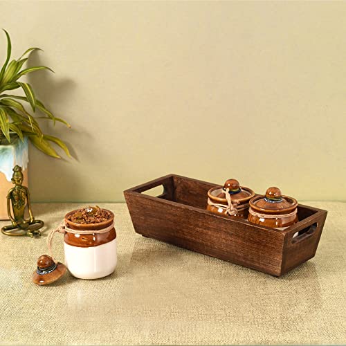 Image of AAKRITI ART CREATIONS Achaar Tray with Three Barnis | Ceramic Achar ki Barni & Mukhwas Box | Handcrafted Modern Art Storage Jar for Spice & Pickle | Traditional Achaar Barni for Kitchen