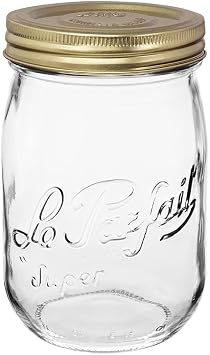 Le Parfait Eco-Friendly Zero Waste Wide Mouth Glass Jar with Airtight Screw Top Lid Reusable French Storage Jar for Food, Soup, Flour, Sugar, Canning & Baking 1L/32oz, 1 Pack, Gold 2-Piece Lid