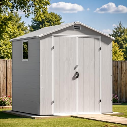 Image of Patiowell 6X6 FT Outdoor Storage Shed with Lockable Door and Floor, Resin Garden Tool Shed with Window, Waterproof Easy Assembly for Backyard, Lawn, Patio Furniture Storage (Light Grey)