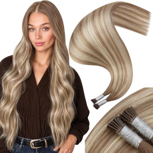 Moresoo I Tip Hair Extensions Human Hair, Light Brown Light Blonde, 24 Inch