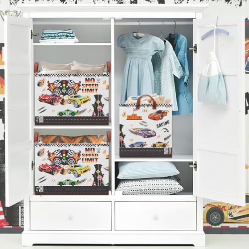 Image of Race Car Storage Basket for Boys, 36L Waterproof Toy Clothes Storage Bin with Speed Limit Sign, Car Themed Room Decor for Nursery, Bedroom, Bathroom, Checkered Design Kids Laundry Hamper