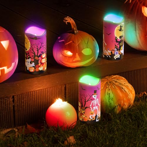 Image of Halloween Candles with 12 LED Light Colors, Battery Operated Flameless Candles, Halloween Decorative Candles with Remote Control Colors and Timer, 3 x 6 Inch, Set of 3