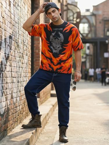 Image of LEOTUDE Men's Fire Flame and Skull Graphic Printed Oversized Polyester