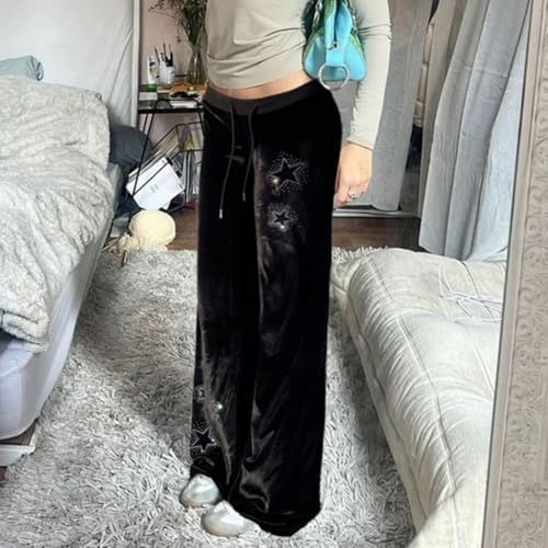 Velvet Rhinestone Star Flare Pants for Women Low Waist Y2K Streetwear Bell Bottoms3