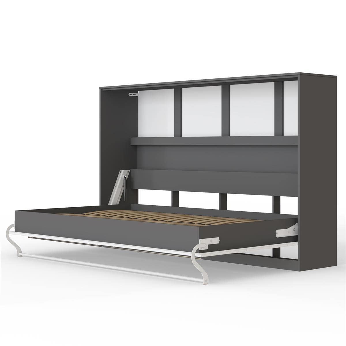 Lit Escamotable Mural SMARTBett 120x200 Cm - Blanc Brillant, Avec Ressorts à Gaz, étagère Et Pieds Escamotables - Gain De Place Maximal