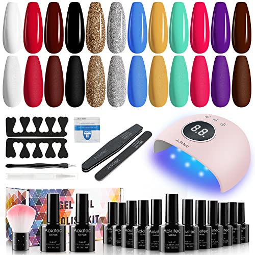 Aokitec Gel Nail Polish Kit 12 Colors Nail Set Gel Polish Starter Kit for DIY Pastel Nail Polish Set Gel Design Nail Art Kit for Home Nail Salon