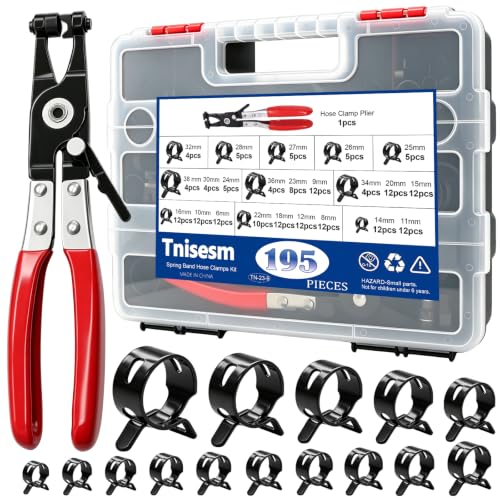Image of Tnisesm 195Pcs 6-38mm Spring Band Hose Clamps Assortment kits with Swivel Flat Fuel Hose Clamp Plier - 23 Sizes Silicone Vacuum Hose Pressure Air Clip Clamp