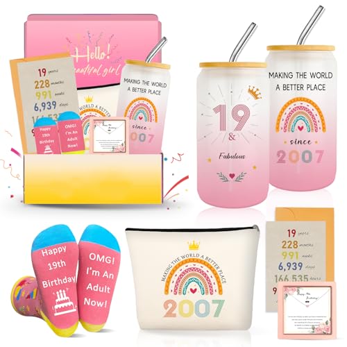 19th Birthday Gifts for Girls Trendy 19 Year Old Girl Basket Gift Ideas for Her Women Besties Daughter Sister Niece Cool Happy Birthdays 2007 Female Decorations Presents Glass Cup Sock Necklace