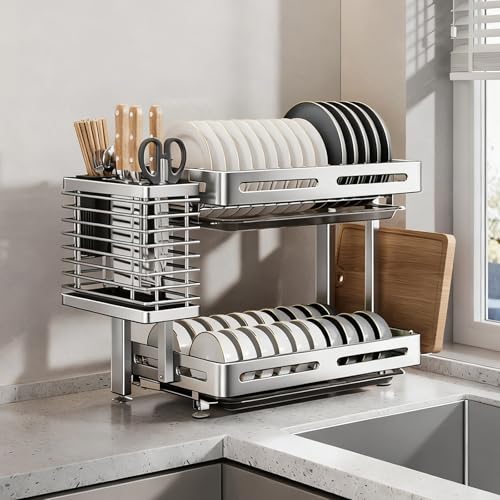 水切りラック、シンク上 食器 水切り、キッチン収納棚、 省スペース 多機能台所収納棚、一人暮らし キッチン 収納、自動排水 高安定性 省スペース(Silver,43.3*35CM/17*13.8IN)
