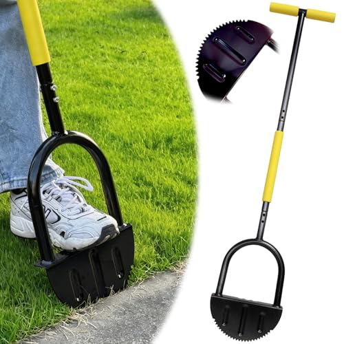 Lawn Edger 107cm Lawn Edging Tool with Spring Steel Blade Garden Rustproof Half Moon Wide Foot Platform for Grass Saw-Tooth T-Grip Handled Tools Manual Edging Tool for Easy Lawn Edging
