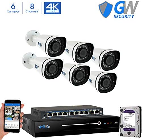 GW 8 Channel 8MP UltraHD 4K (3840x2160) Audio & Video Motorized Zoom Home NVR Security System - 6 x Bullet 8 Megapixel 2.8-8mm 3X Optical Zoom Waterproof IP PoE Cameras Built-in Microphone