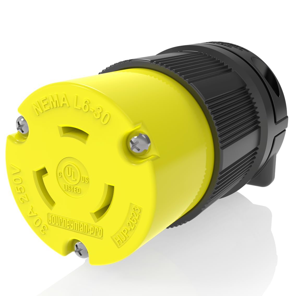 Journeyman-Pro NEMA L6-30R 30 Amp, 250 Volt, 2P, 3W, HJP-2623 Locking Female Plug Connector, Black Yellow Industrial Grade, Grounding 7500 Watts Generator (L6-30R Female Plug)