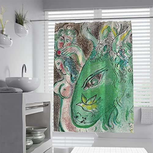 Rideau de douche vert Ensemble de rideau de douche Animal abstrait moderne Marc Chagall pour décor de salle de bain lumineux Comprend des crochets en forme de C à séchage rapide W100 x L180cm