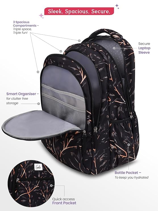 Image of Genie Glitter Laptop Backpack for Girls (36L) | Modern Office, College & Travel Laptop Backpack | Multi-Compartment, Padded Laptop Sleeve, Ergonomic Straps | Black
