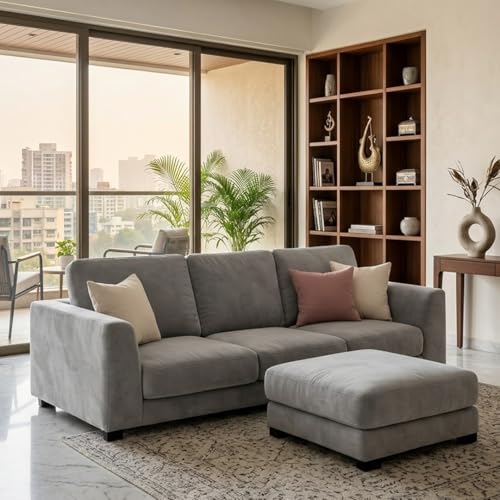 Image of FURNY Revona 4 Seater L Shape Sofa Set with Movable Ottoman | Flexible Left or Right Layout | Plush Velvet Fabric (Light Grey) | Perfect for Living Room, Guest Room & Office