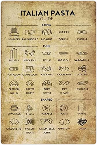 Bioprocess Guide des pâtes italiennes - Décoration murale - Affiche d'alphabétisation des pâtes - Plaque d'art pour la maison, la cuisine, le restaurant, la décoration murale - 20,3 x 30,5 cm