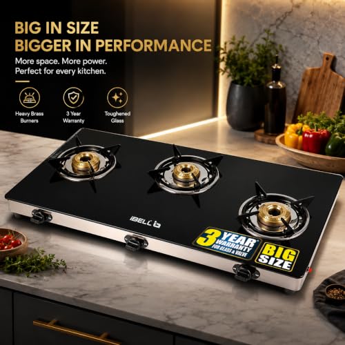 Image of iBELL AGS9413SLM 3 Burner Gas Stove with Auto Ignition | 3-YEARS WARRANTY | ISI Certified | Large 77 x 38 x 7.5 cm Body | Scratch Resistant Toughened Glass Top | High-Efficiency Brass Burners [Black]