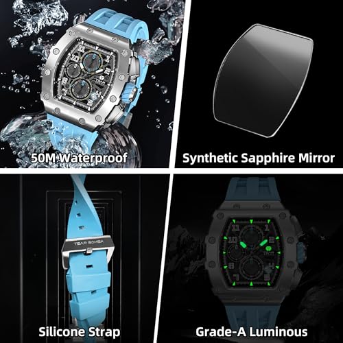 Image of TSAR BOMBA Mens Luxury Watch Watches for Men 50M Waterproof Japanese Quartz Movement Tonneau Stainless Steel Case Sapphire Glass with Chronograph Date Function Cool Unique Fashion Gift