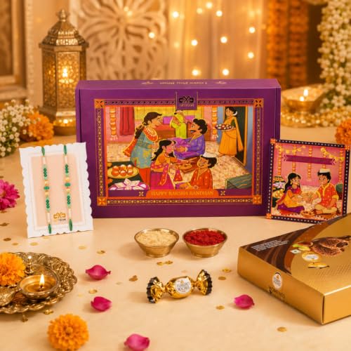 Image of Gifticon Rakhi for Brother Rakhi with Chocolate - Rakshabandhan Gift Box with Ferrero Rocher, Rakhi Card, Roli Chawal