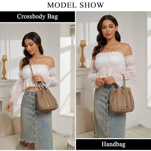 Mini Faux Leather Bucket Bags for Women Drawstring Crossbody Bucket Bag Purses Pleated Shoulder Handbags2