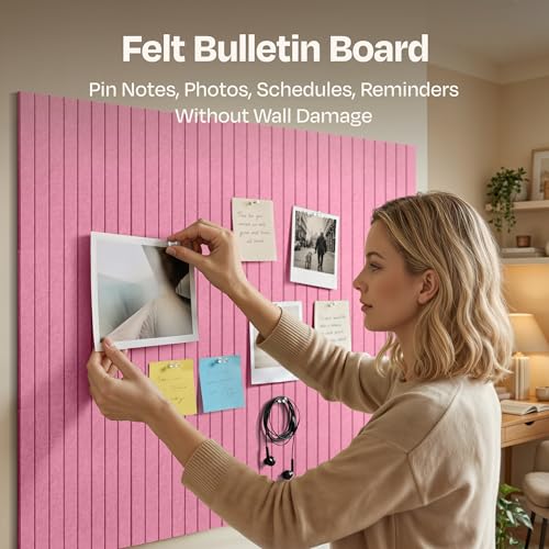 Image of X-Large Cork Board Alternative 12-Pack Felt Bulletin Board Thick and Decorative Pin Board for Home Office Walls 47.24 x 35.43 Inches with 72 Adhesive Tabs - [Chic Pink]
