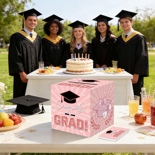 Image of Graduation Card Box Graduation Decorations 2026 Grad Card Box for Gift Graduation Party Favors Decor Party Supplies (Pink, 50 Cards)