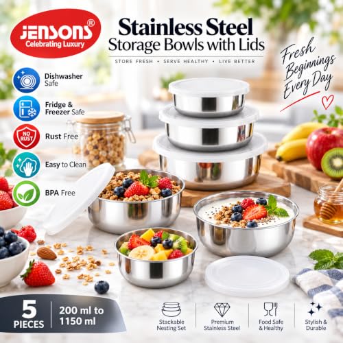 Image of JENSONS Stainless Steel Storage Bowls with Lids | 5 Pieces | 200 ml to 1150 ml | Airtight Food Containers | Stackable Nesting Set | Silver