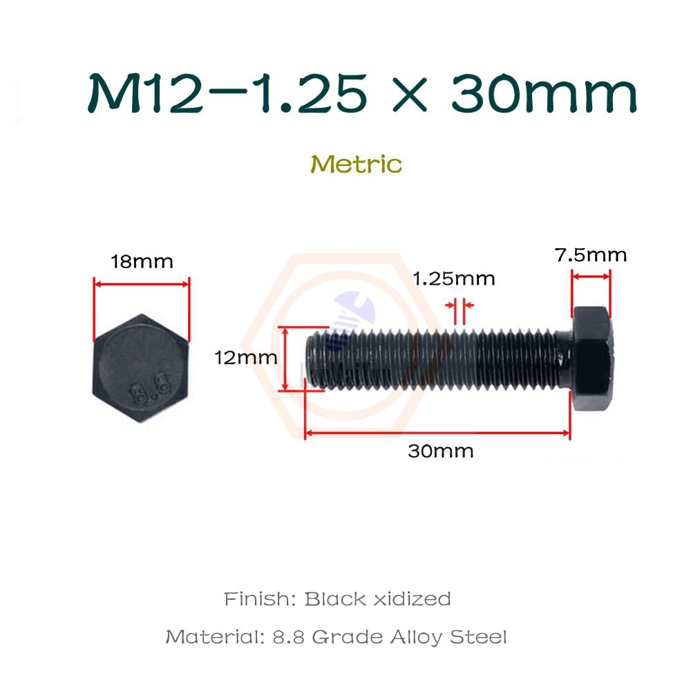 5pcs M12-1.25×30mm Tornillo de cabeza hexagonal de acero de aleación negra de grado 8.8 Con dientes finos métricos