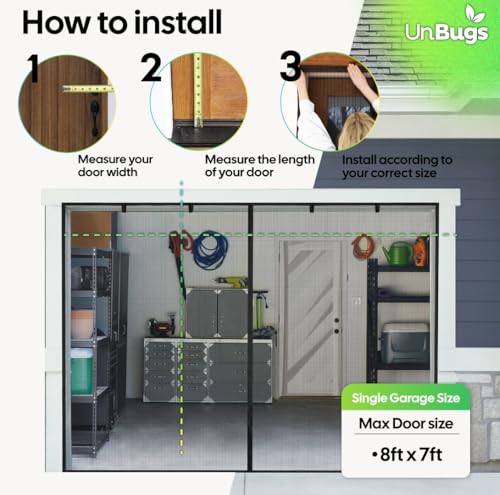 UnBugs Garage Screen Doors for 1 Car Garage - Fits Single Garage Doors up to 9 Feet Wide x 7 Feet Tall MAX - Pet & Kid Friendly, Self-Closing - Hands Free Magnet Closure Keeps Bugs Out & Breeze in - Thumbnail 6