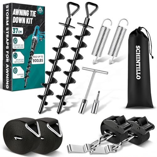Premium Sturmband Markise Vorzelt für Thule Omnistor, Sturmsicherung für Vorzelt mit 37CM Spiralförmige Bodenanker für Windbeständigkeit, Hold Down Strap Kit StabilisierungsKit für Camping&Wohnmobil