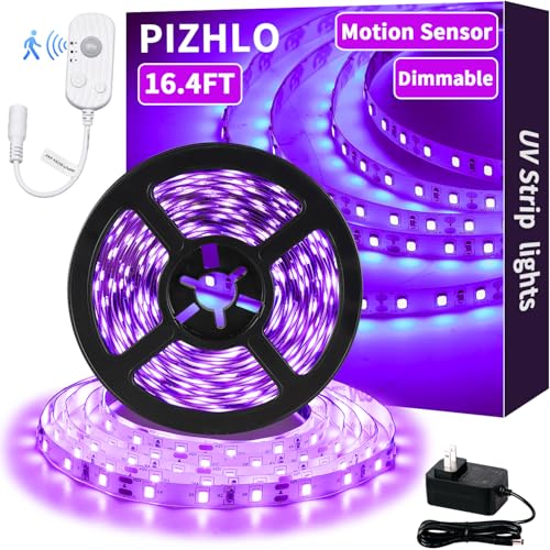 PIZHLO 16.4 Foot Black Light Strips & Motion Sensor Dimmable Flexible Motion Sensing Blackights Strip Lights 300 LEDs for Glow Party Body Paint Birthday Bedroom Room Fluorescent Tapestry Poster