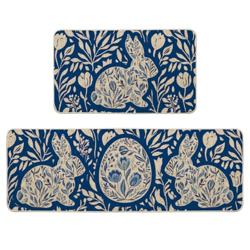 Artoid Mode Blue Rabbit Bunny Egg Easter Kitchen Mats Set of 2, Spring Home Decor Low-Profile Kitchen Rugs for Floor - 17x29 and 17x47 Inch