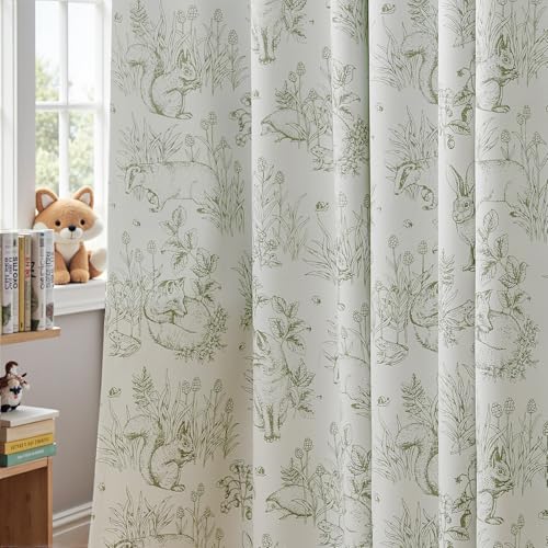 Image of JINCHAN 95% Blackout Nursery Curtains 84 Inches Long, Bunny Woodland Toile Easter Decor Curtains Sage Green on Beige Animal Printed Drapes Bedroom Spring Decoration Farmhouse Window Treatment 2 Panels