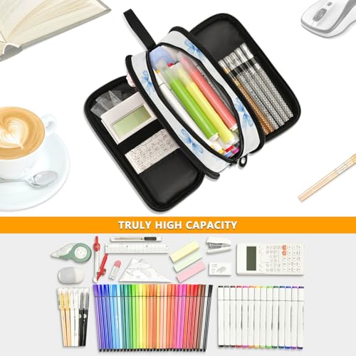 Image of Caikeny Pencil Case Blue Bows Hearts Pen Bag Large Capacity Pencil Box Pen Pouch with Zipper Cosmetic Organizer for Kids Teens Adults