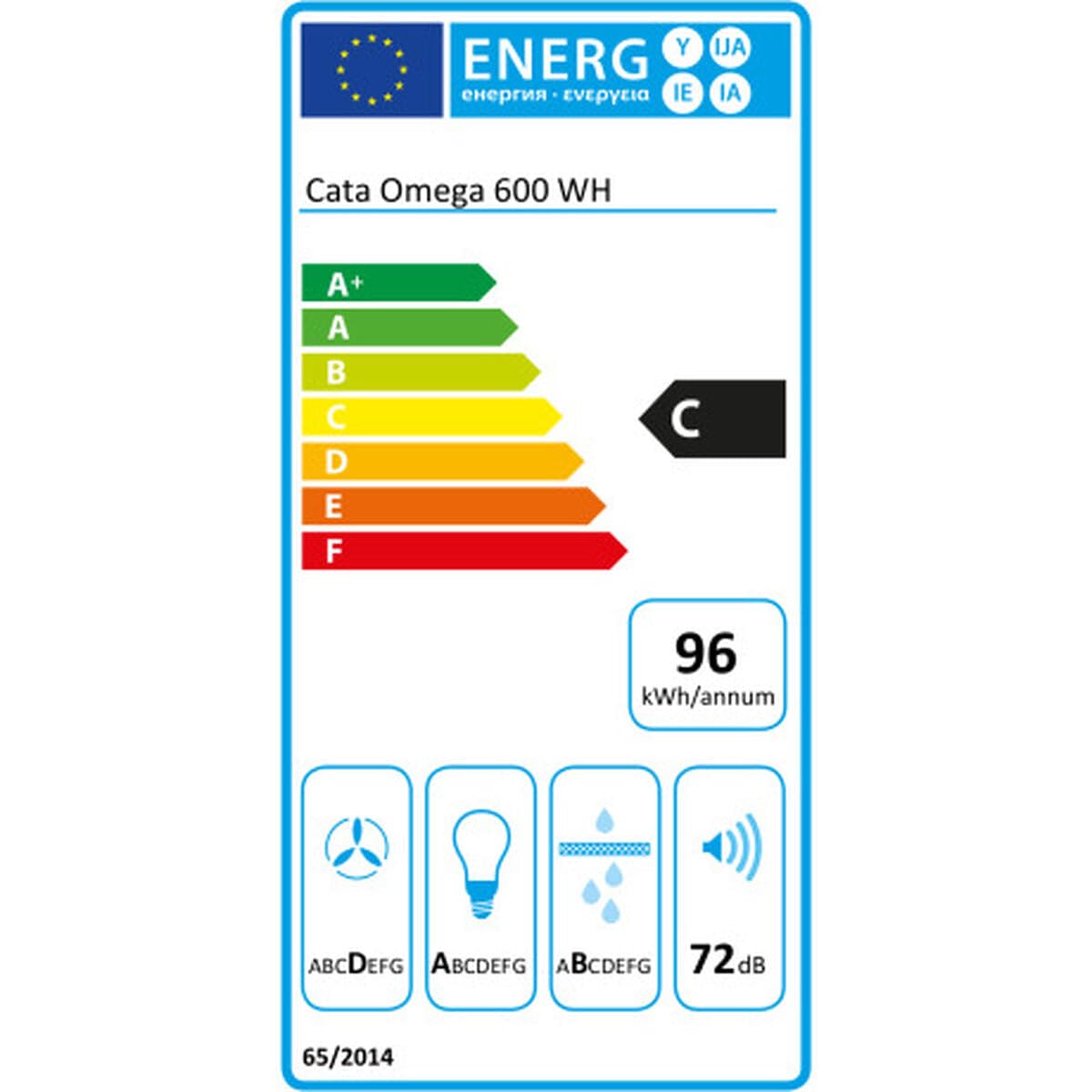CATA Omega II 600 WH Campana Extractora Decorativa Piramidal de 60 cm, 645 m³/h, 3 Velocidades, Control Mecánico, Tira LED, Filtros Lavables, Clase C, Blanco