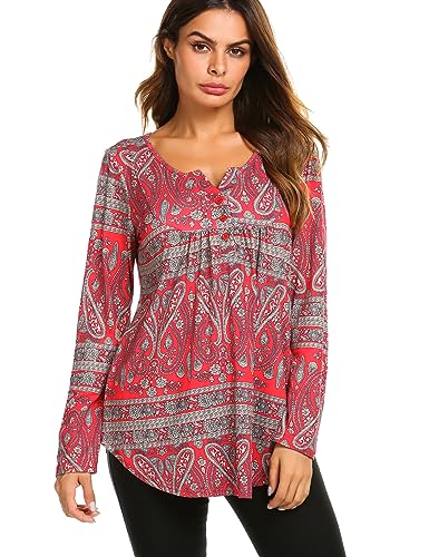 Halife Tunic Tops For Women Loose Fit Long Sleeve Business Casual Blouses Flared V Neck Floral Shirts Red Xl #TOP1