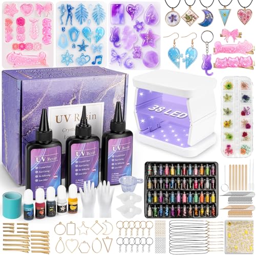 ZEROMX UV Resin Kit with Light - 415pcs UV Resin Jewelry Making Kit with 38W Fast Curing Lamp DIY Crafts Kit for Adults Hairpins & Necklaces Making Supplies Handmade Gift Kit for Beginners