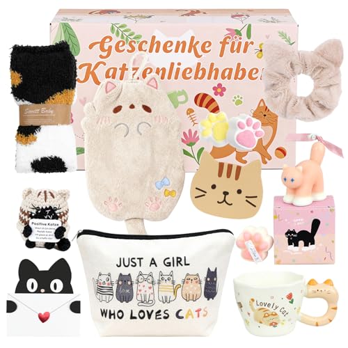 FTUREERA Geschenke für Katzenliebhaber Katze Geschenk mit Tasse Duftkerze Untersetzer Plüschkatze Kosmetiktasche Badesalzball Socken Katzenmotiv Geschenke für Katzenbesitzer Frauen