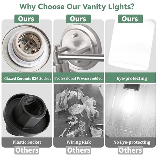 Image of 3-Light Bathroom Vanity Light Fixture, Brushed Nickel Compact Vanity Light with White Frosted Glass Shades for Mirror, Bathroom, Living Room, Modern Style, E26 Base, 16 Inch