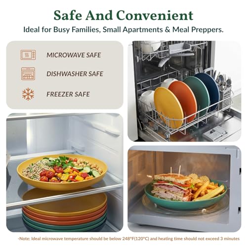 Image of Homienly Deep Dinner Plates Set of 8 Alternative for Plastic Plates Microwave and Dishwasher Safe Wheat Straw Plates for Kitchen Unbreakable Salad Plate with 4 Colors (Colorful, 11 inch)