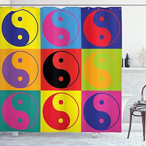 Ambesonne Ying Yang Shower Curtain, Pop Art Design Yin Yang Signs Hippie Style Eastern Peace and Balance Theme, Cloth Fabric Bathroom Decor Set, 69" W x 75" L, Red Yellow
