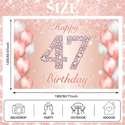 Image of Happy 47th Birthday Rose Gold Banner Cheers to 47 Years Old Backdrop Confetti Balloons Theme Decor for Women 47 Years Old Pink Birthday Party Decorations Bday Supplies Background Favors Gift Glitter