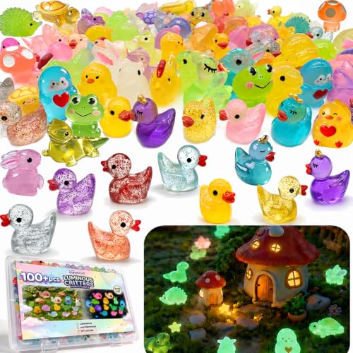 Xenhrun 35Assorted Mini Resin Animals: 100Pcs Luminous Resin Figurines Variety Pack - Glow in the Dark Plastic Little Ducks Hedgehog Frog Rabbit Dinosaur for Fairy Garden Aquarium Fish Tank Dcor
