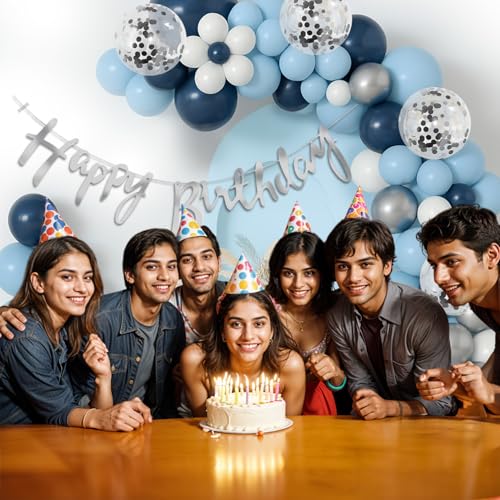 Image of Party Propz Birthday Decoration Kit for Boys - 58 Pcs Blue Birthday Balloon Decoration Set, Happy Birthday Decoration Kit for Husband, Blue, White, Silver Balloons (Foil, Latex,Cardstock)