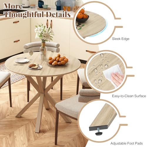 Image of Giantex 36 inch Round Dining Table for 4, Farmhouse Kitchen Table with Rubber Wood Legs, Adjustable Foot Pads, Dining Room Tables for Dinette, Small Space, Dinner, Living Room, Restaurant, Oak